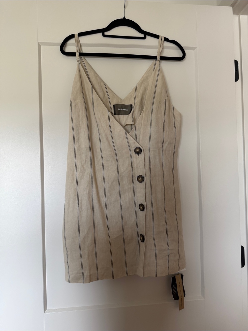 Reformation Beige Linen Striped Button-Front Slip Dress